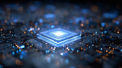 Advanced central processor unit glowing with blue and orange light while processing data on a complex futuristic circuit board, representing the core of modern information technology and innovation - Powered by Adobe