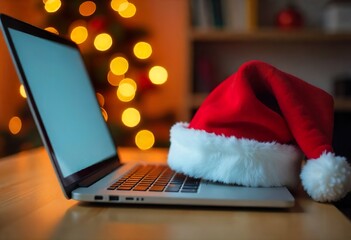 Laptop on desk with Santa hat, blurred Christmas decorations in background, clean festive scene