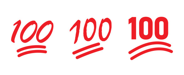  100 points emoji set in red color. hundred symbols for chats, stickers, and social media to express perfection, agreement, or strong emotion. digital messaging, apps, emoji pack. png and vector.