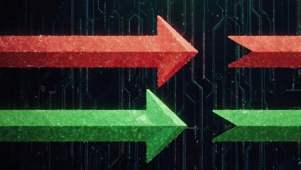 Dynamic red and green arrows clash on futuristic circuit board backdrop, symbolizing competition, data flow, or growth opportunities.