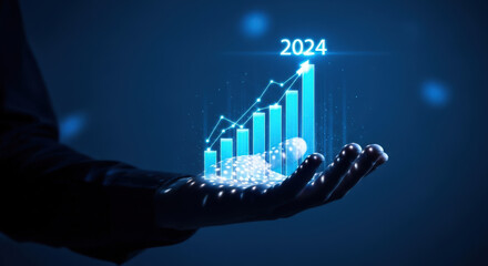 Forecasting Success A Hand Guides the 2024 Growth Chart with Strategic Insight and Data Analysis for Business Development and Financial Planning in the Digital Age