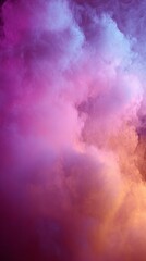 This artwork presents an abstract cloud of purple and gold smoke, blending a dreamy textured style with a gradient background, complemented by a fantasy-inspired backdrop that transports viewers into