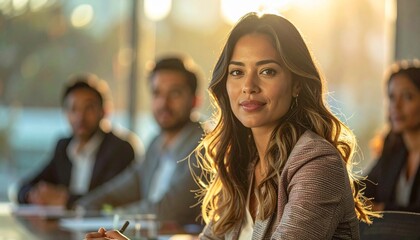 Confident businesswoman leads meeting in sunlit office, engaging with colleagues