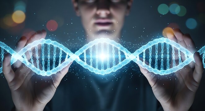 Futuristic DNA Double Helix Strand Held by Scientist with Bright Glow - Powered by Adobe