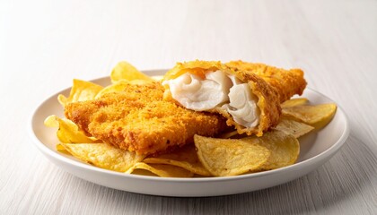 Crispy breaded fish fillets with golden potato chips on a white plate. Fresh and delicious.
