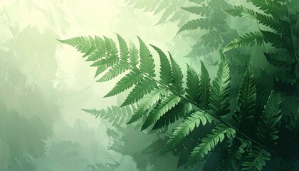 Lush green fern leaves overlapping with soft light create serene and natural atmosphere