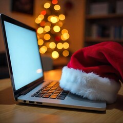 Laptop on desk with Santa hat, blurred Christmas decorations in background, clean festive scene