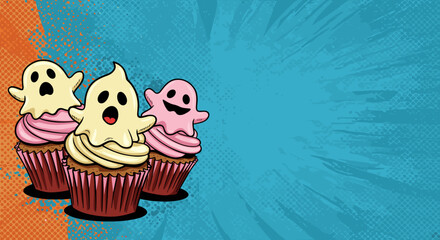 Obraz premium Halloween cupcakes with ghost decorations on colorful background 
