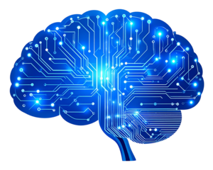 A high-tech pictogram featuring a brain outline integrated with electronic circuits a 