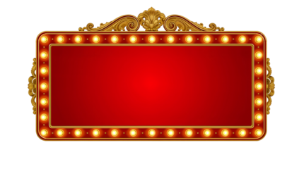 Ornate Golden Marquee Sign with Red Illuminated Panel and Light Bulbs retro vintage transparent background isolated on a transparent background