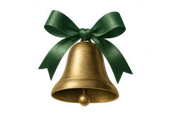 Golden christmas bell decorating with a festive green ribbon bow, signaling holiday traditions and celebration
