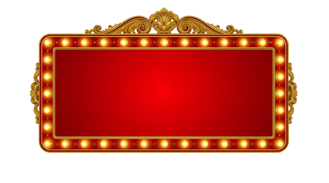 Ornate Golden Marquee Sign with Red Illuminated Panel and Light Bulbs retro vintage transparent background isolated on a transparent background