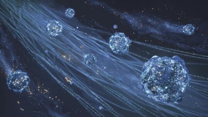 Abstract digital data spheres floating through streams of binary code in a dark, futuristic cyberspace environment, visualizing information transfer, network technology, and big data processing - Powered by Adobe