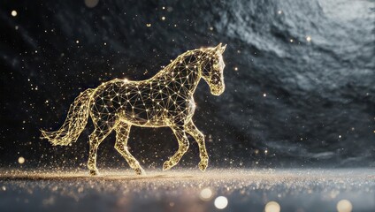 Stunning golden digital horse emerges from darkness, symbolizing innovation and powerful forward momentum, perfect for tech and business themes.