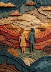 A Creative Layered Art Piece of Two Figures Holding Hands in a Colorful Landscape