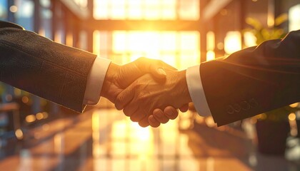 Firm handshake between two people in business attire, warmly lit by setting sun in modern office