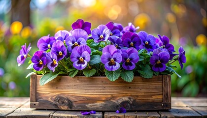 Close-up of vibrant purple pansies blooming in a rustic wooden planter, set against a blurred background of sunlight