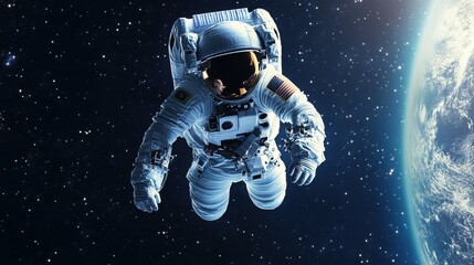 An astronaut floats in the vast expanse of space with earth visible in the background filled with stars