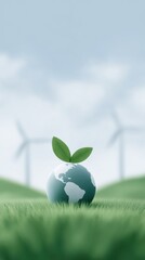Green globe with a small plant sprouting on grass, symbolizing environmental sustainability, surrounded by wind turbines in a serene landscape, representing renewable energy and eco-friendly practices