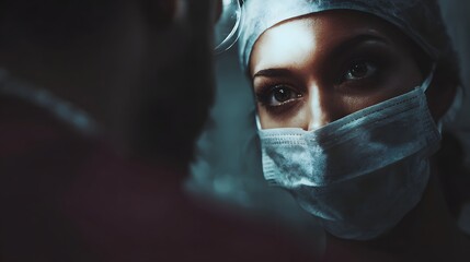 Focused medical professional in mask and cap intense eyes under bright surgical light