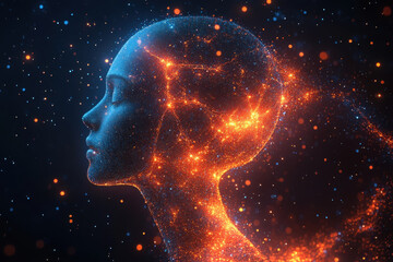 Fototapeta premium Woman's head surrounded by glowing particles.