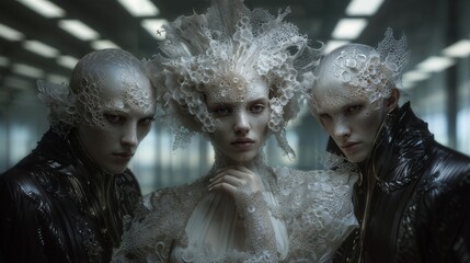 Three Fashion Forward Figures in Intricate Lace Costumes in a Modern Studio Setting
