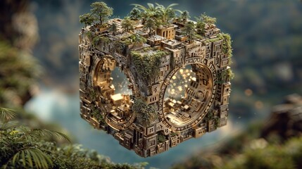 Floating Hexagonal City Cube With Jungle Overgrowth and Ancient Architecture Display