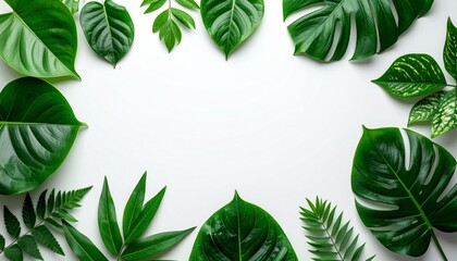 Fototapeta premium Variety of green leaves arranged in flat lay on white background, creating fresh and natural frame