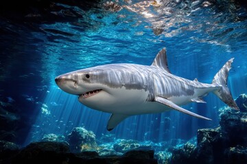 Obraz premium Great White Shark Swimming in Sunlit Ocean Depths