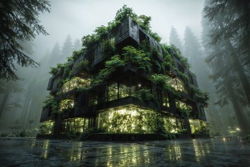 Green Cube House Overgrown in Forest: Modern Eco Architecture Surrounded by Mist and Trees