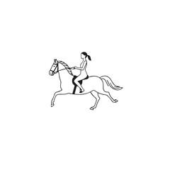 Black and white line art of a beautiful woman with perfect body riding horse elegant minimalist illustration