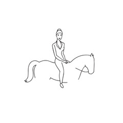Black and white line art of a beautiful woman with perfect body riding horse elegant minimalist illustration