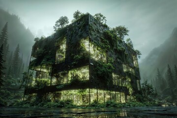 Futuristic Glass Building Entwined With Forest Greenery In Misty Mountain Landscape