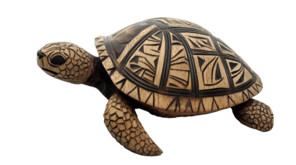 A wooden turtle with a patterned shell carved from a single piece on a white background png