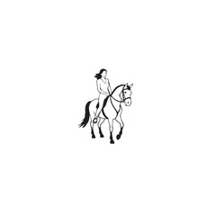 Black and white line art of a beautiful woman with perfect body riding horse elegant minimalist illustration