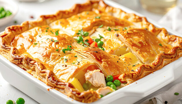 Golden browned chicken pot pie in a casserole dish. AI