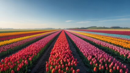 Naklejka premium Vibrant endless rows of blooming tulips stretch towards the horizon under a clear blue sky, a breathtaking floral spectacle.