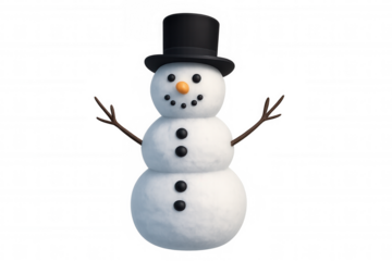 Snowman with top hat, carrot nose, and stick arms against a transparent background, symbolizing winter holidays