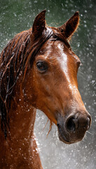 Chestnut Horse Shaking Off Water in Summer Rain, Dynamic and Natural