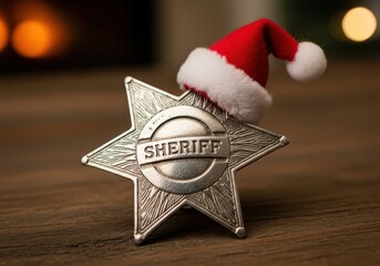 A festive sheriffs badge adorned with a santa hat, resting on a wooden surface with a warm, blurred fireplace in the background