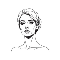 Black and white close up illustration of a beautiful woman face minimalist elegant line art drawing