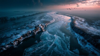 Winter Dawn Over Frozen River Valley With Birds Soaring Across a Frosty Landscape