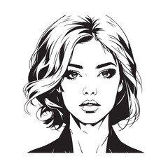 Black and white close up illustration of a beautiful woman face minimalist elegant line art drawing