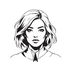 Black and white close up illustration of a beautiful woman face minimalist elegant line art drawing