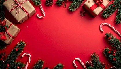 Festive Christmas flat lay with gifts, candy canes, and pine branches on red background