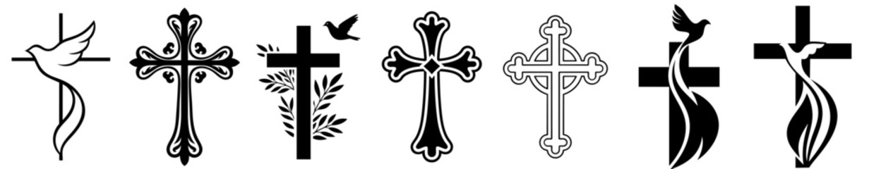 Set of Christian crosses with doves and ornaments, symbol of Holy Spirit, resurrection, faith, hope and love