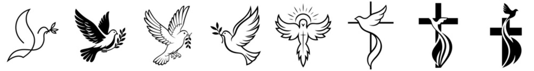 Set of dove symbols with cross and branch, Christian sign of Holy Spirit, purity, Easter, Trinity and peace