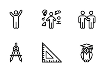 Education and Academic Tools Line Icons – Compass, Ruler, Owl, Student, and Learning Symbol Set