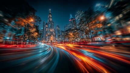 Vibrant Night City Street With Neon Light Trails Surrounding a Central Cathedral Gateway