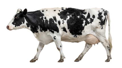 Black and white cow walking isolated on transparent background
